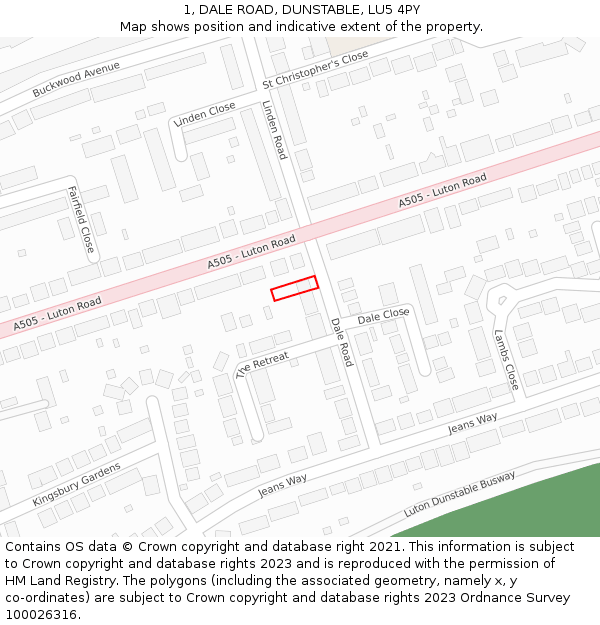 1, DALE ROAD, DUNSTABLE, LU5 4PY: Location map and indicative extent of plot