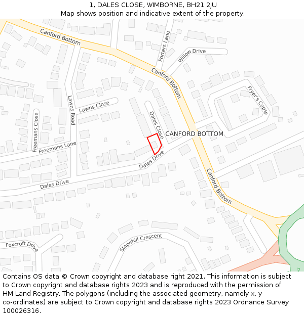 1, DALES CLOSE, WIMBORNE, BH21 2JU: Location map and indicative extent of plot