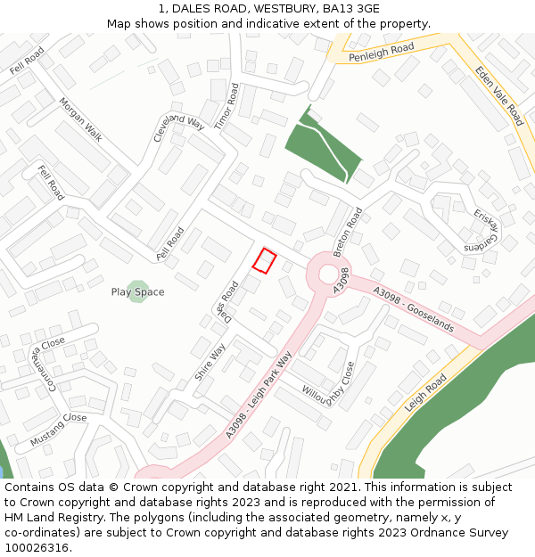 1, DALES ROAD, WESTBURY, BA13 3GE: Location map and indicative extent of plot