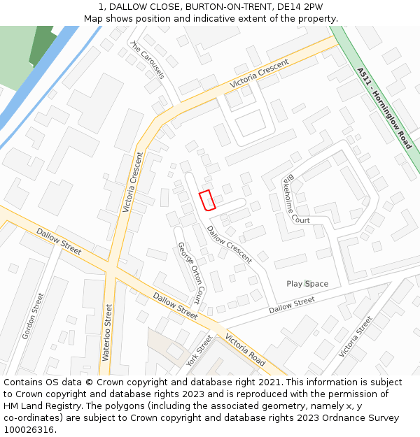 1, DALLOW CLOSE, BURTON-ON-TRENT, DE14 2PW: Location map and indicative extent of plot