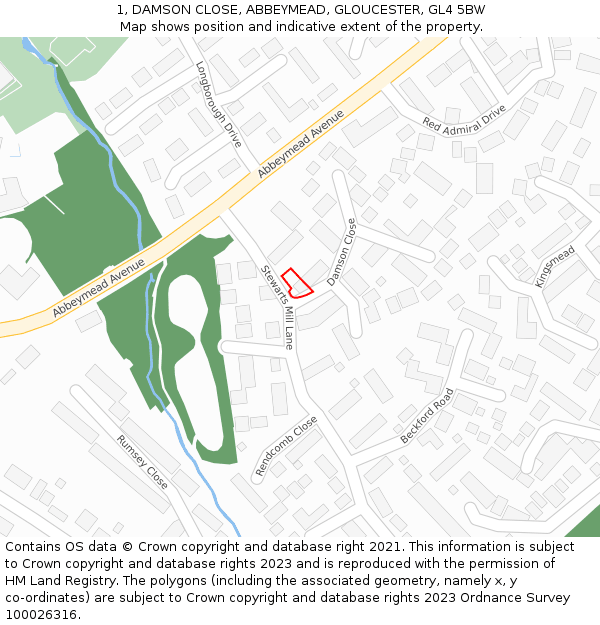 1, DAMSON CLOSE, ABBEYMEAD, GLOUCESTER, GL4 5BW: Location map and indicative extent of plot