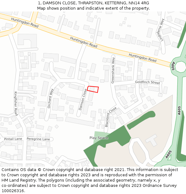 1, DAMSON CLOSE, THRAPSTON, KETTERING, NN14 4RG: Location map and indicative extent of plot