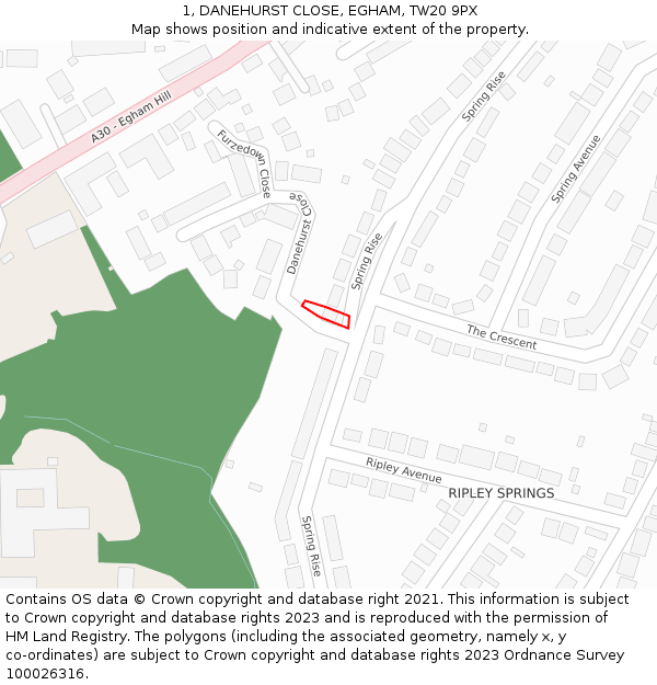 1, DANEHURST CLOSE, EGHAM, TW20 9PX: Location map and indicative extent of plot