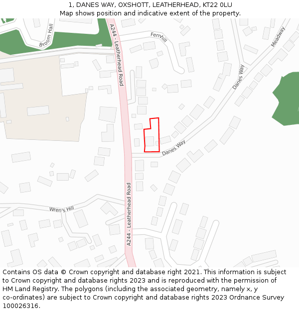 1, DANES WAY, OXSHOTT, LEATHERHEAD, KT22 0LU: Location map and indicative extent of plot