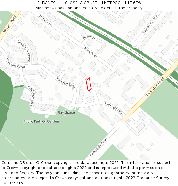 1, DANESHILL CLOSE, AIGBURTH, LIVERPOOL, L17 6EW: Location map and indicative extent of plot