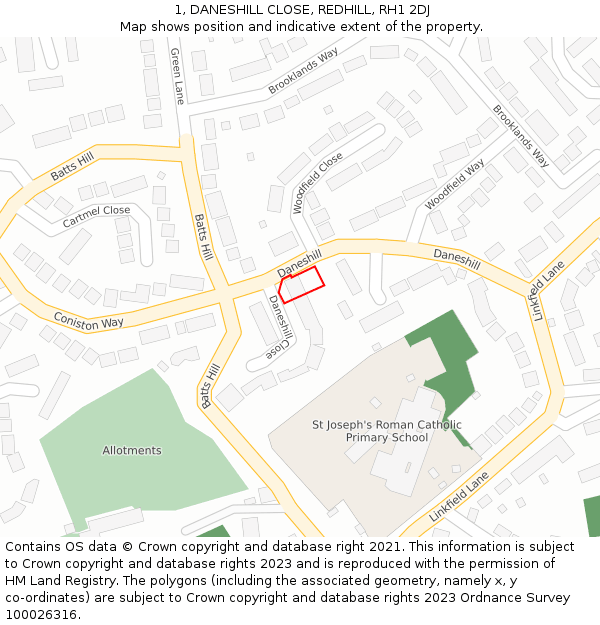1, DANESHILL CLOSE, REDHILL, RH1 2DJ: Location map and indicative extent of plot