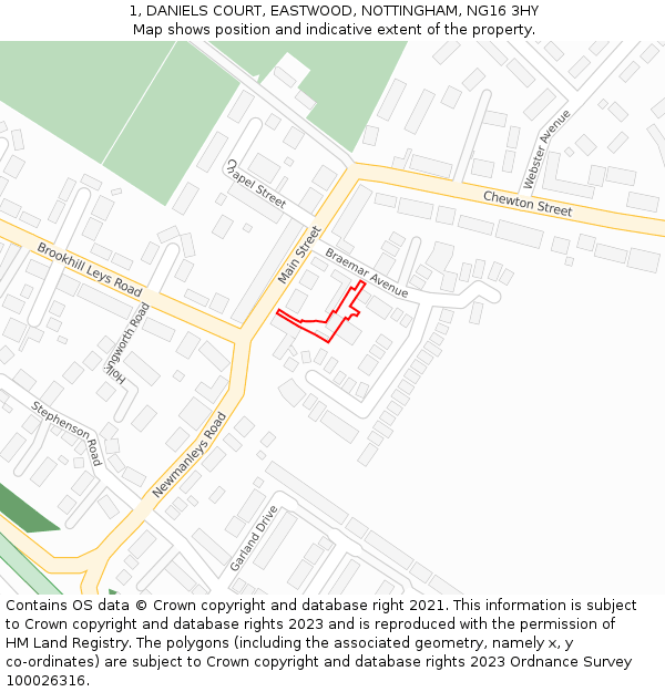 1, DANIELS COURT, EASTWOOD, NOTTINGHAM, NG16 3HY: Location map and indicative extent of plot