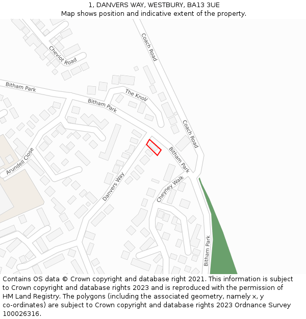 1, DANVERS WAY, WESTBURY, BA13 3UE: Location map and indicative extent of plot