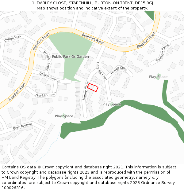 1, DARLEY CLOSE, STAPENHILL, BURTON-ON-TRENT, DE15 9GJ: Location map and indicative extent of plot