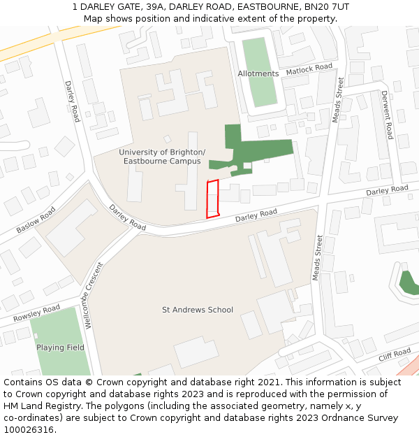 1 DARLEY GATE, 39A, DARLEY ROAD, EASTBOURNE, BN20 7UT: Location map and indicative extent of plot