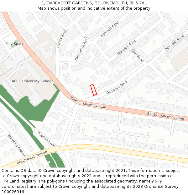 1, DARRACOTT GARDENS, BOURNEMOUTH, BH5 2AU: Location map and indicative extent of plot