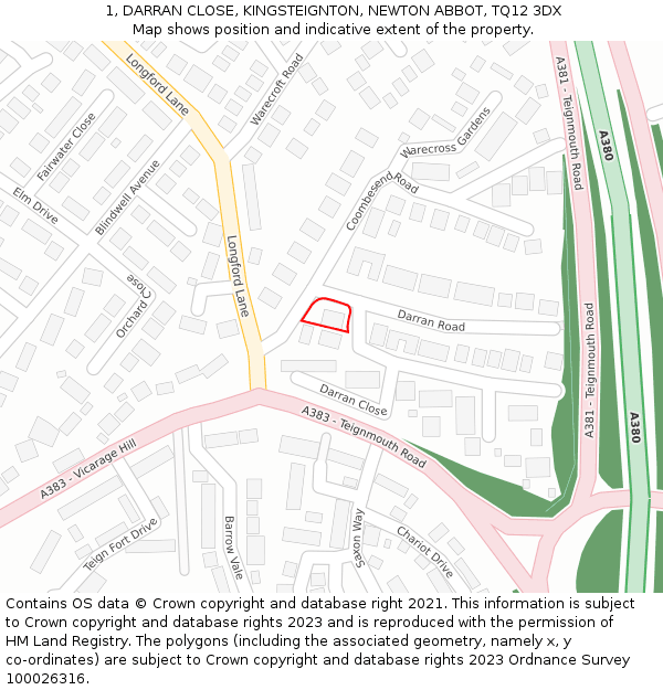 1, DARRAN CLOSE, KINGSTEIGNTON, NEWTON ABBOT, TQ12 3DX: Location map and indicative extent of plot