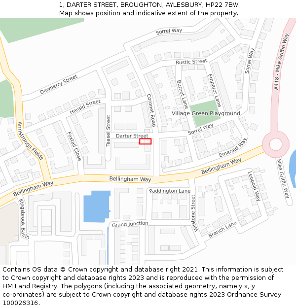 1, DARTER STREET, BROUGHTON, AYLESBURY, HP22 7BW: Location map and indicative extent of plot