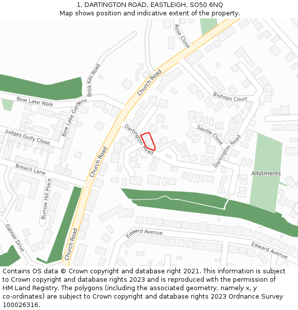 1, DARTINGTON ROAD, EASTLEIGH, SO50 6NQ: Location map and indicative extent of plot