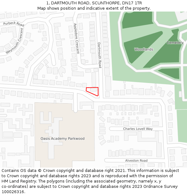 1, DARTMOUTH ROAD, SCUNTHORPE, DN17 1TR: Location map and indicative extent of plot