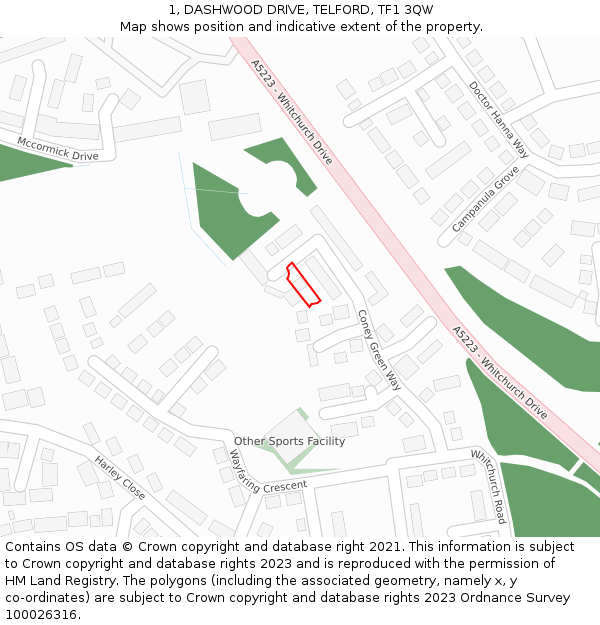 1, DASHWOOD DRIVE, TELFORD, TF1 3QW: Location map and indicative extent of plot