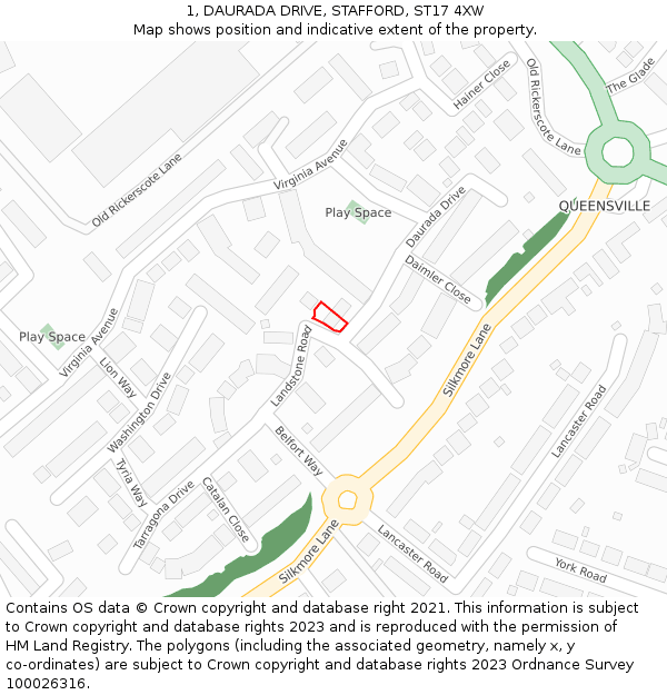 1, DAURADA DRIVE, STAFFORD, ST17 4XW: Location map and indicative extent of plot