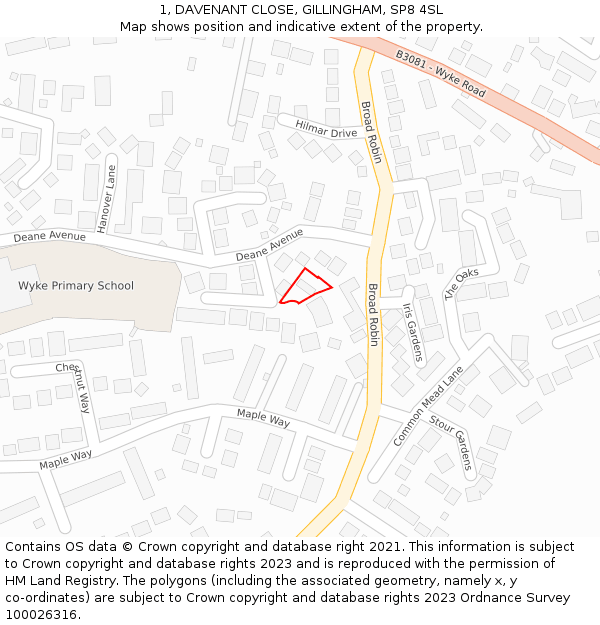 1, DAVENANT CLOSE, GILLINGHAM, SP8 4SL: Location map and indicative extent of plot