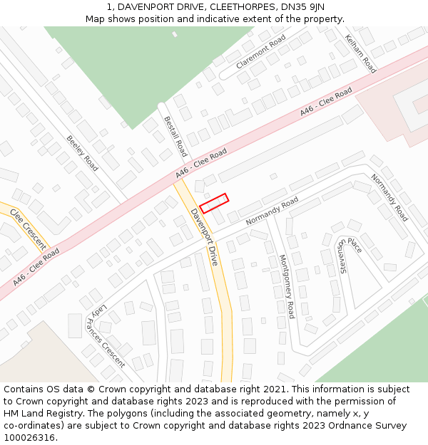 1, DAVENPORT DRIVE, CLEETHORPES, DN35 9JN: Location map and indicative extent of plot