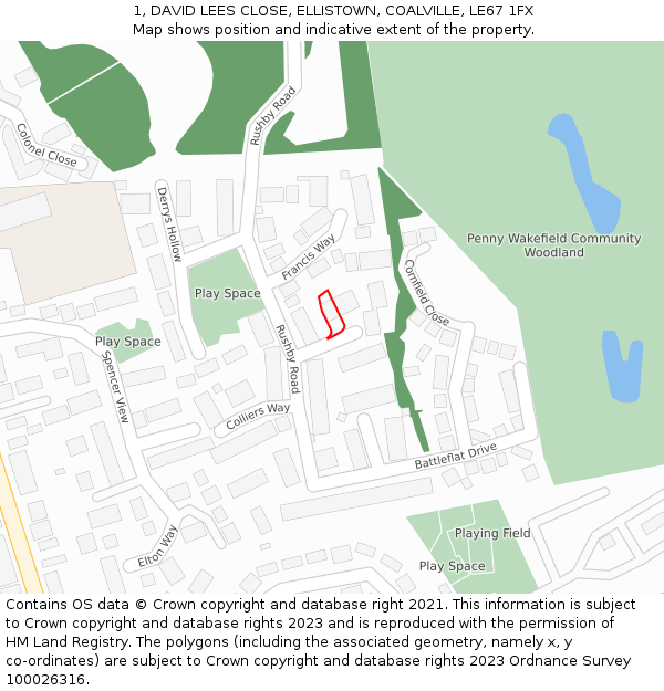 1, DAVID LEES CLOSE, ELLISTOWN, COALVILLE, LE67 1FX: Location map and indicative extent of plot