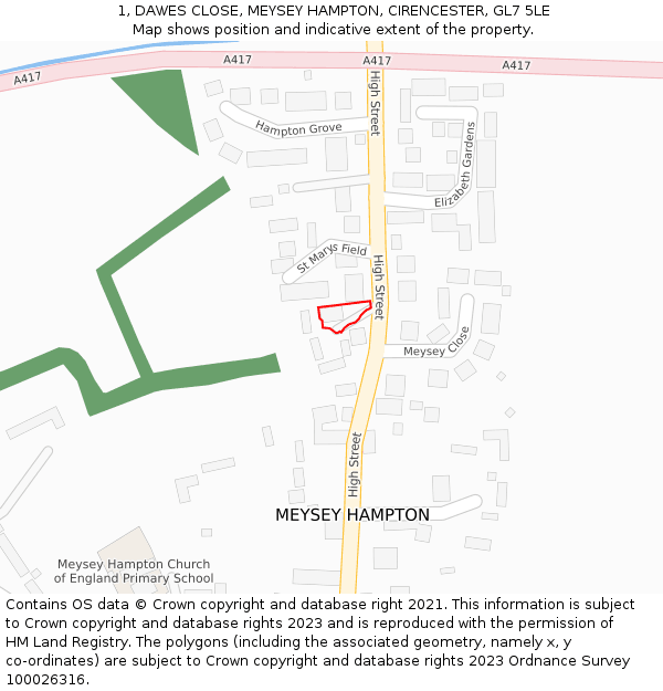 1, DAWES CLOSE, MEYSEY HAMPTON, CIRENCESTER, GL7 5LE: Location map and indicative extent of plot