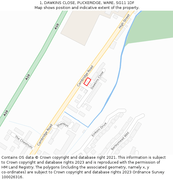 1, DAWKINS CLOSE, PUCKERIDGE, WARE, SG11 1DF: Location map and indicative extent of plot