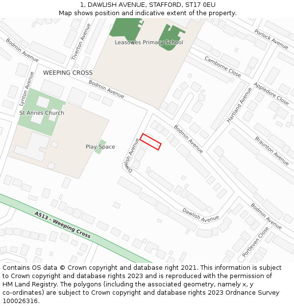 1, DAWLISH AVENUE, STAFFORD, ST17 0EU: Location map and indicative extent of plot