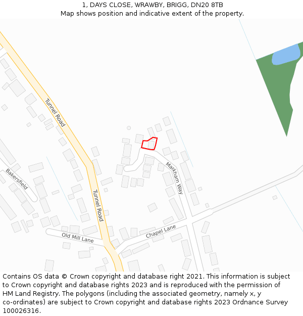 1, DAYS CLOSE, WRAWBY, BRIGG, DN20 8TB: Location map and indicative extent of plot