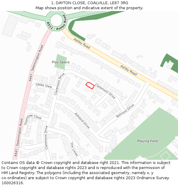 1, DAYTON CLOSE, COALVILLE, LE67 3RG: Location map and indicative extent of plot