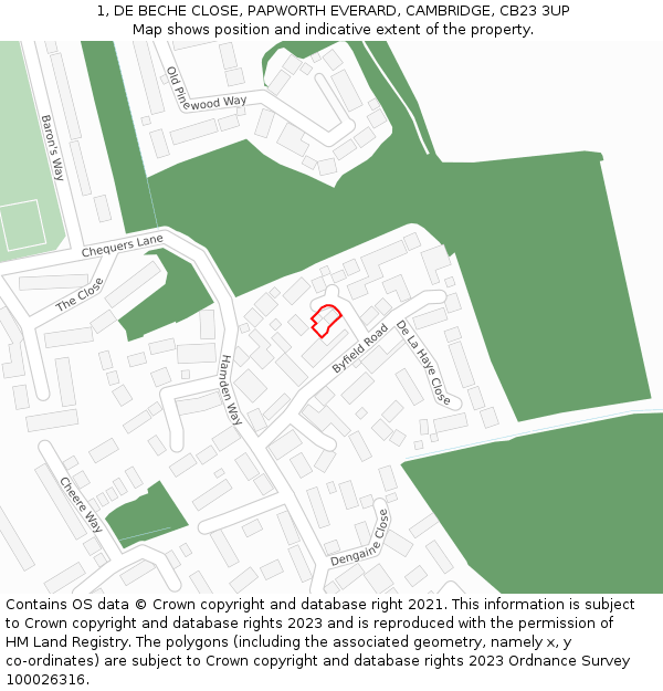 1, DE BECHE CLOSE, PAPWORTH EVERARD, CAMBRIDGE, CB23 3UP: Location map and indicative extent of plot