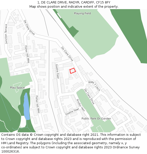 1, DE CLARE DRIVE, RADYR, CARDIFF, CF15 8FY: Location map and indicative extent of plot