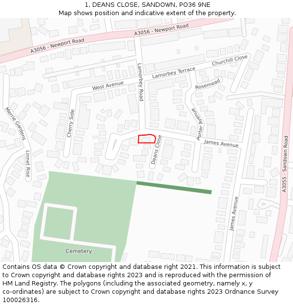 1, DEANS CLOSE, SANDOWN, PO36 9NE: Location map and indicative extent of plot