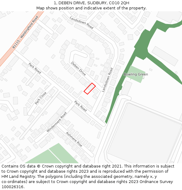 1, DEBEN DRIVE, SUDBURY, CO10 2QH: Location map and indicative extent of plot