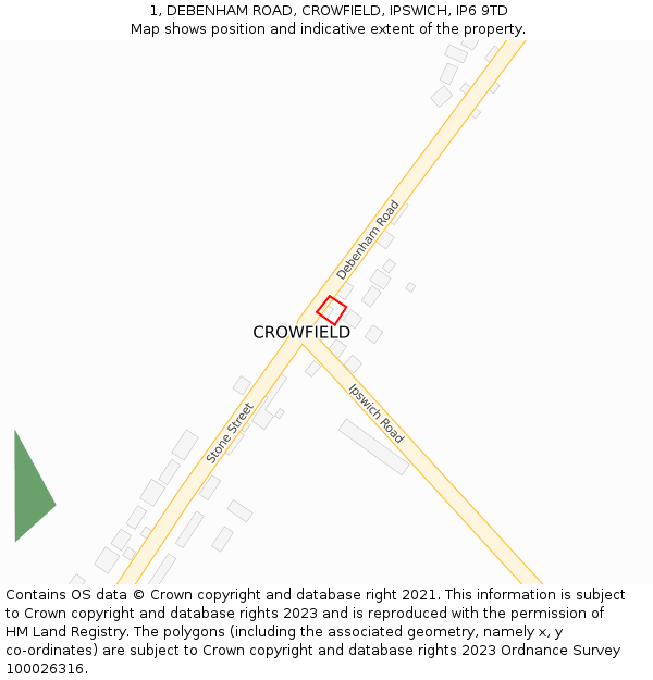 1, DEBENHAM ROAD, CROWFIELD, IPSWICH, IP6 9TD: Location map and indicative extent of plot