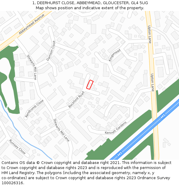 1, DEERHURST CLOSE, ABBEYMEAD, GLOUCESTER, GL4 5UG: Location map and indicative extent of plot