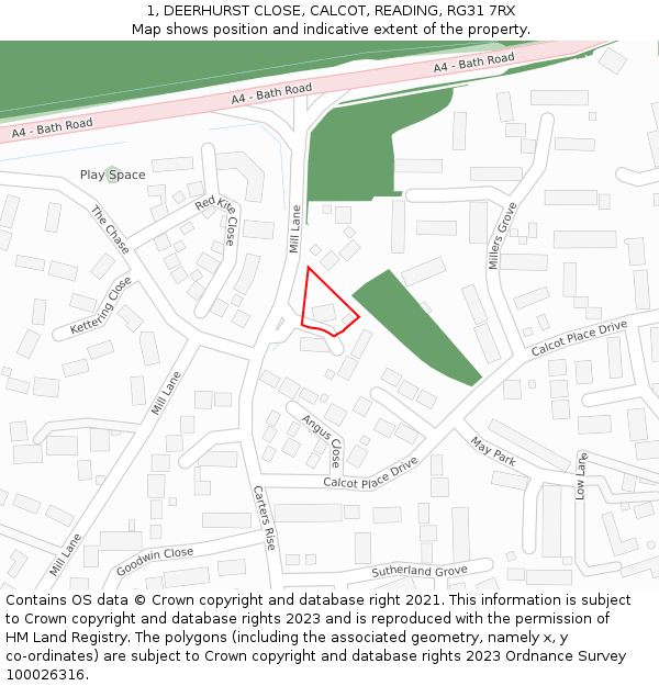 1, DEERHURST CLOSE, CALCOT, READING, RG31 7RX: Location map and indicative extent of plot