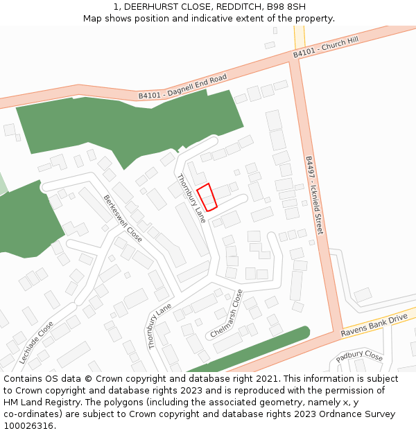 1, DEERHURST CLOSE, REDDITCH, B98 8SH: Location map and indicative extent of plot