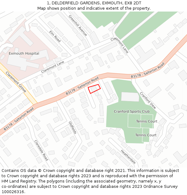 1, DELDERFIELD GARDENS, EXMOUTH, EX8 2DT: Location map and indicative extent of plot