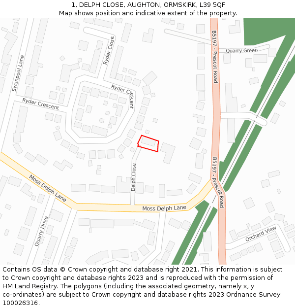 1, DELPH CLOSE, AUGHTON, ORMSKIRK, L39 5QF: Location map and indicative extent of plot