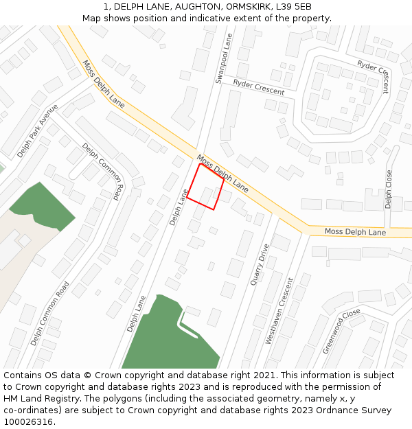 1, DELPH LANE, AUGHTON, ORMSKIRK, L39 5EB: Location map and indicative extent of plot