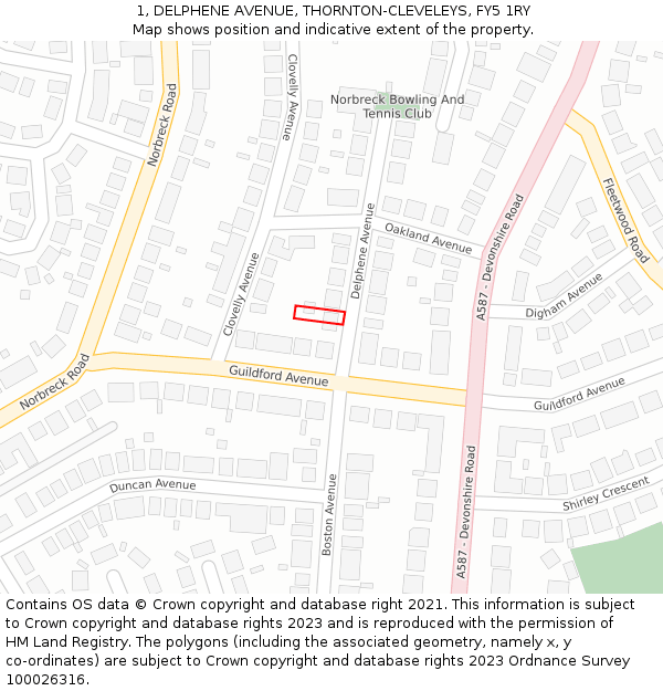 1, DELPHENE AVENUE, THORNTON-CLEVELEYS, FY5 1RY: Location map and indicative extent of plot