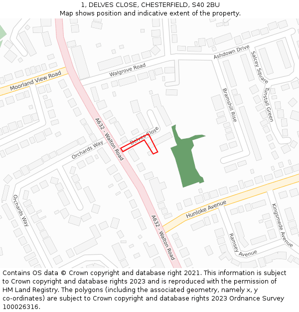 1, DELVES CLOSE, CHESTERFIELD, S40 2BU: Location map and indicative extent of plot