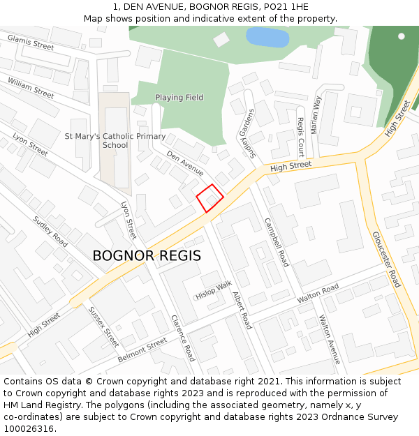 1, DEN AVENUE, BOGNOR REGIS, PO21 1HE: Location map and indicative extent of plot