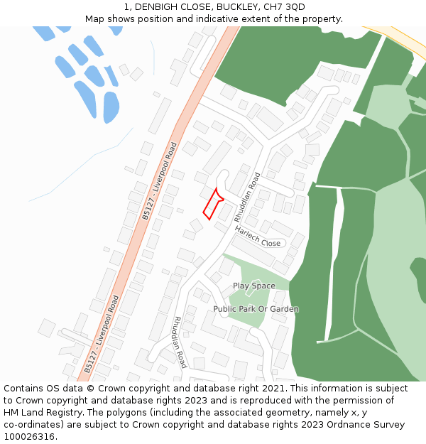 1, DENBIGH CLOSE, BUCKLEY, CH7 3QD: Location map and indicative extent of plot