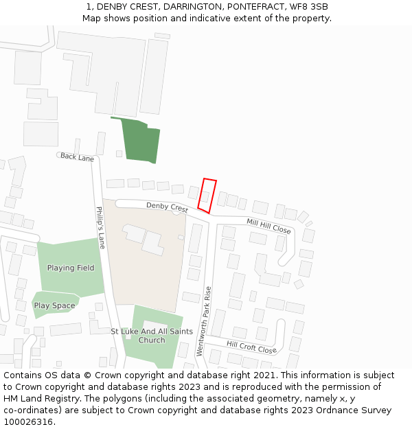 1, DENBY CREST, DARRINGTON, PONTEFRACT, WF8 3SB: Location map and indicative extent of plot