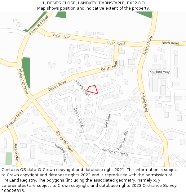 1, DENES CLOSE, LANDKEY, BARNSTAPLE, EX32 0JD: Location map and indicative extent of plot