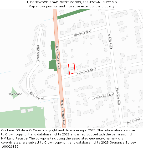 1, DENEWOOD ROAD, WEST MOORS, FERNDOWN, BH22 0LX: Location map and indicative extent of plot