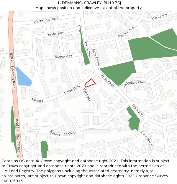 1, DENMANS, CRAWLEY, RH10 7SJ: Location map and indicative extent of plot