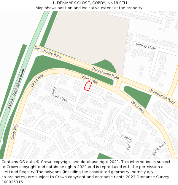 1, DENMARK CLOSE, CORBY, NN18 9EH: Location map and indicative extent of plot