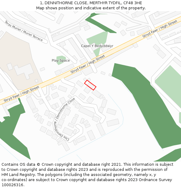 1, DENNITHORNE CLOSE, MERTHYR TYDFIL, CF48 3HE: Location map and indicative extent of plot